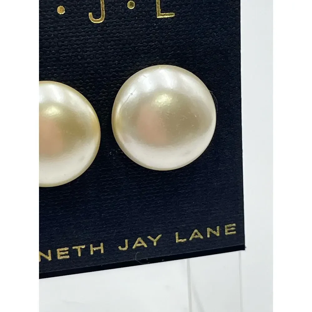 Kenneth Jay Lane KJL‎ Silver Tone Round Faux Pearl Ivory Pierced Stud Earrings - Picture 12 of 13